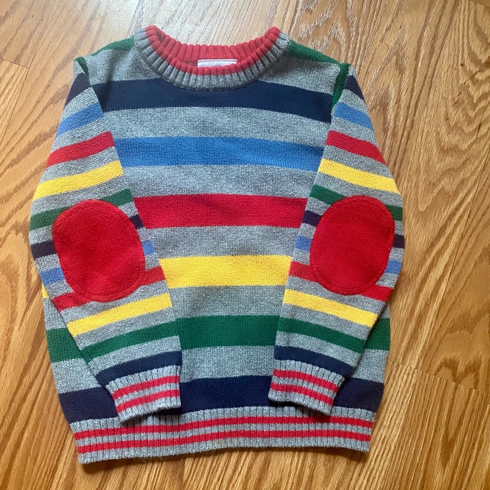Hannah Andersson Gray Sweater with Colored Stripes & Red Elbow Patches Sz. 4